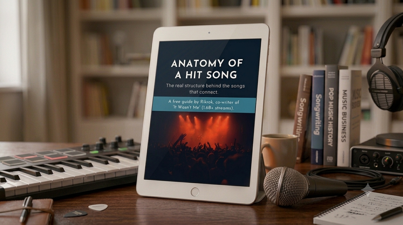 Anatomy of a Hit Song guide shown on a tablet in a home studio